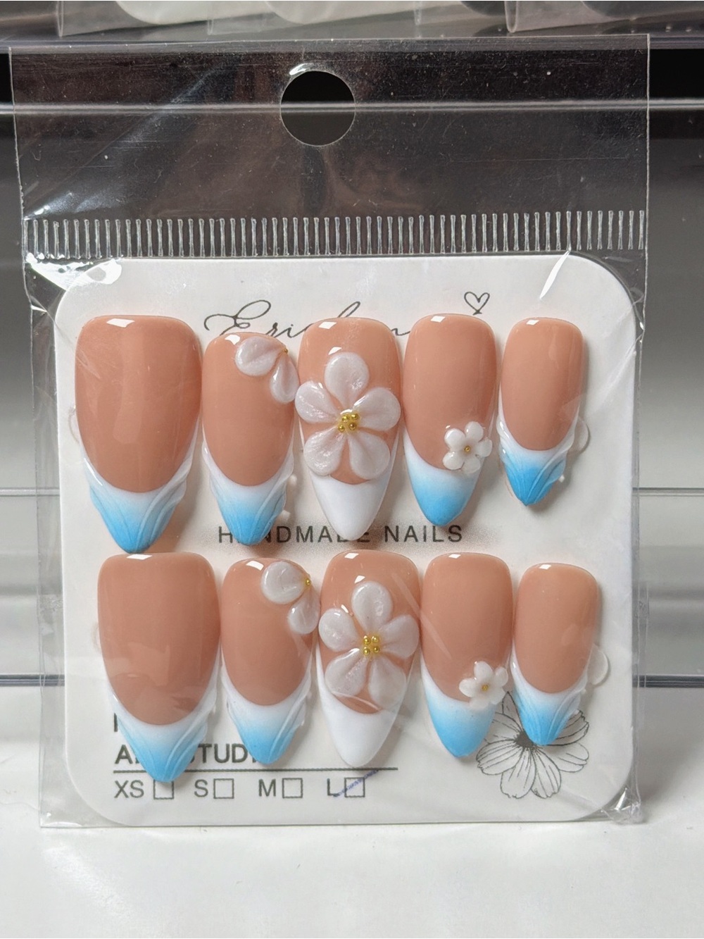 Handmade Peach & Blue Floral Press-On Nail Set